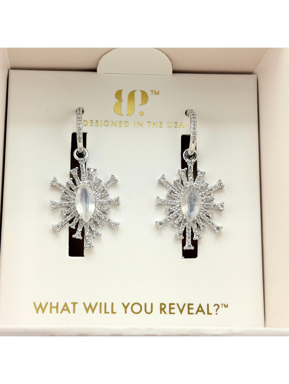 Bomb Party Halo Earrings "Cherished Always" Genuine Moonstone on Rhodium